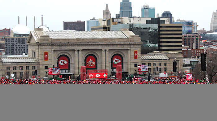 Feb 5, 2020; Kansas City, Missouri, USA; Kansas City's Union Station during the Kansas City Chiefs' Super Bowl LIV championship parade. Photo by Joshua Brisco.